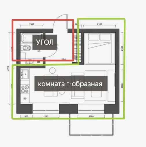План студии: красной рамкой выделен угол с санузлом, зелёной — оставшаяся Г-образная комната